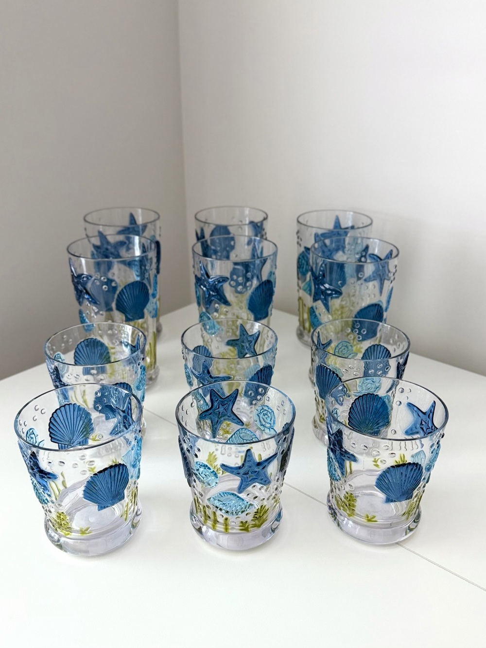 Set of 10 Coastal Nautical Acrylic Tumblers Sea Shell Starfish Drinking Glasses